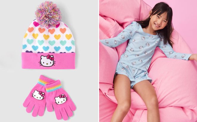 The Childrens Place x Hello Kitty Girls Rainbow Heart 2 Piece Cold Weather Set and Pointelle Pajama The Childrens Place x Hello Kitty Girls Rainbow Heart 2 Piece Cold Weather Set and Pointelle Pajama
