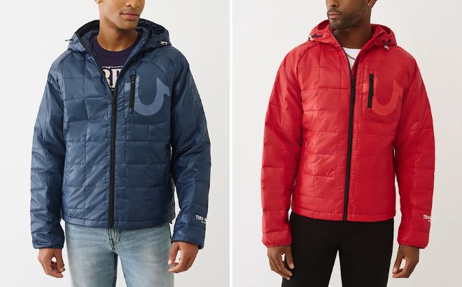 True Religion Mens Geo Quilted Hooded Puffer Jacket