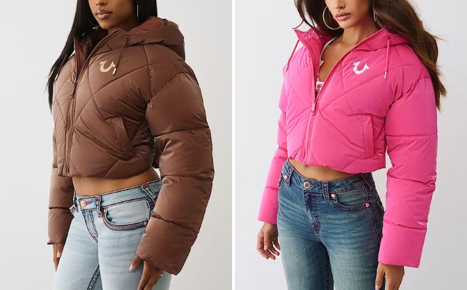 True Religion Womens High Shine Hooded Puffer Jacket