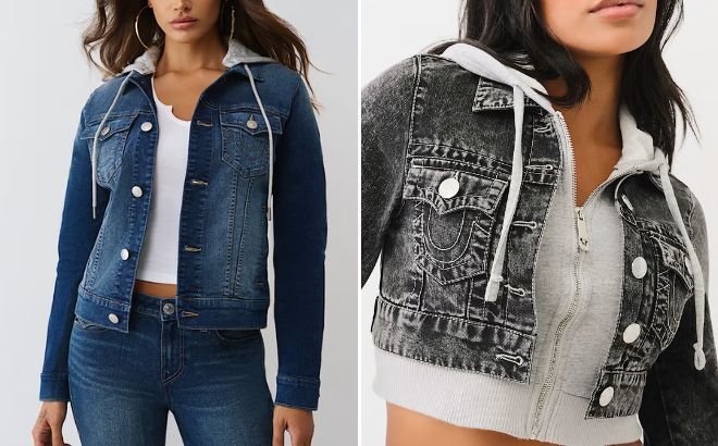 True Religion Womens Relaxed Denim Trucker Hooded Jacket and Hooded Crop Combo Jacket