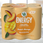 V8 Energy Peach Mango Energy Drink 6 Pack on a Table