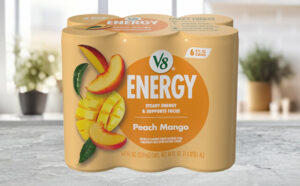 V8 Energy Peach Mango Energy Drink 6 Pack on a Table