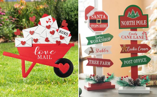 Valentines Metal LOVE Mail Wagon Yard Stake and Glitzhome Christmas Wooden Sign Table Decor 2 Piece Set