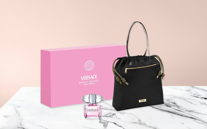 Versace Bright Crystal Eau de Toilette Summer Tote Set on a Table