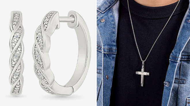 Zales Diamond Accent Braided Hoop Earrings and Zales Cross Pendant in Stainless Steel with Titanium Inlay Zales Diamond Accent Braided Hoop Earrings and Zales Cross Pendant in Stainless Steel with Titanium Inlay