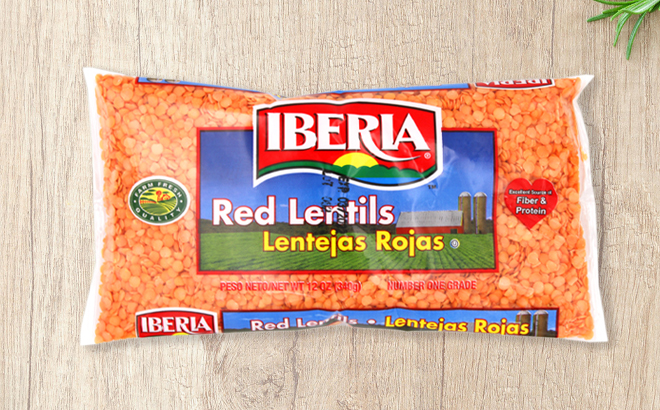 A 12 Ounce Bag of Iberia Red Lentil Beans on a Table