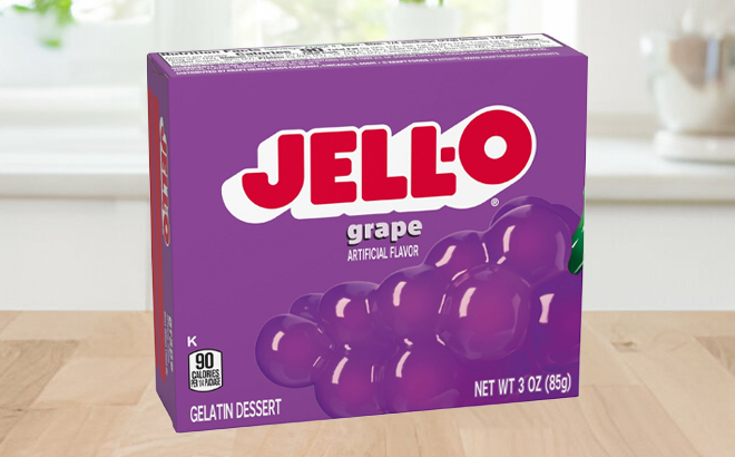 A 3 Ounce Box of Jell O Grape Gelatin Dessert Mix on a Table