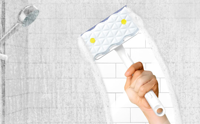 A Person Using Mr Clean Magic Eraser Shower Tub Scrubber