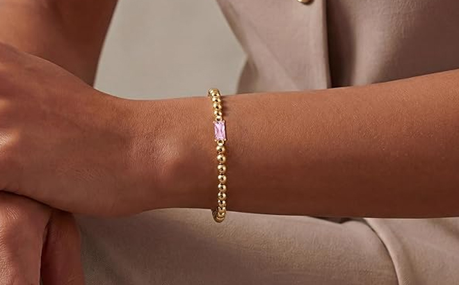 A Person Wearing the 14K Gold Plated Dainty Birthstone Bracelet