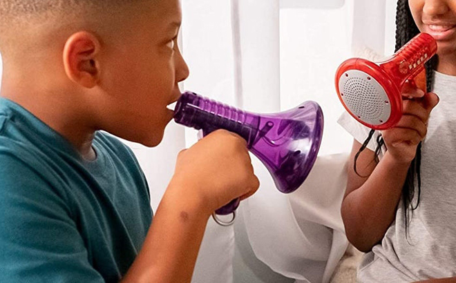 A Person using Toysmith Voice Changer Megaphone Toy