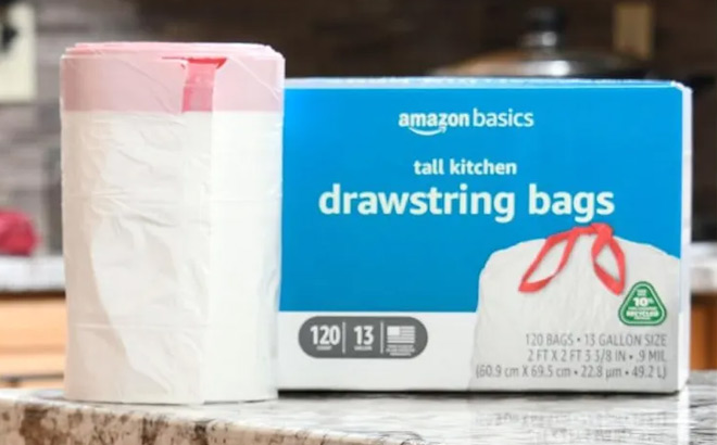 Amazon Basics 13 Gallon Tall Kitchen Drawstring Trash Bags 120 Count