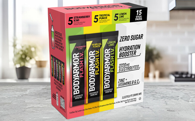 BodyArmor Flash IV Electrolyte Packets 15 Count Box on a Table