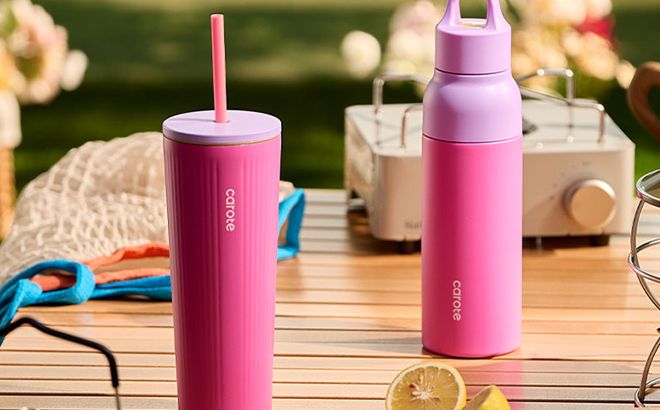Carote 19 oz One Click Open Insulated Water Bottle and 21 oz Tumbler in Rose Pink Color Carote 19 oz One Click Open Insulated Water Bottle and 21 oz Tumbler in Rose Pink Color