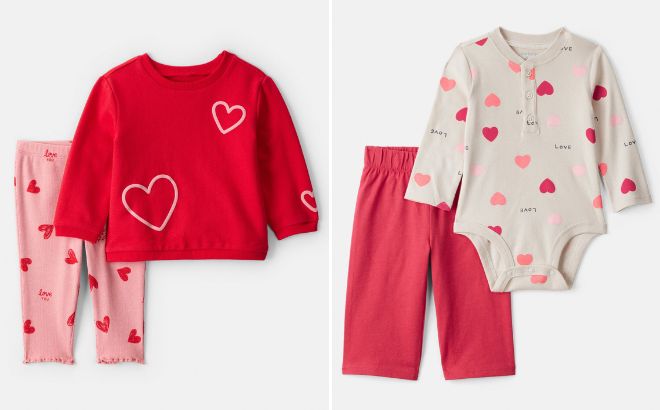 Carters Baby Girl Valentines Day 2 Piece Heart French Terry Tee Pant Set and Baby Girl 2 Piece Heart Bodysuit Pant Set