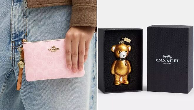 Coach Outlet Corner Zip Wristlet In Signature Canvas With Charms and Bear Ornament