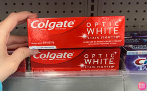 Colgate Optic White Stain Fighter Whitening Toothpastes on the Shelf