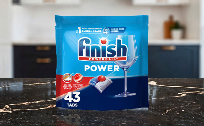 Finish Power Dishwasher Pods 43 Count on Table