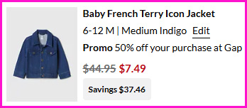 GAP Baby Jacket Checkout Screen GAP Baby Jacket Checkout Screen