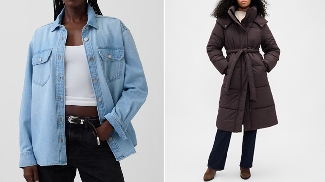 GAP Denim Western Shirt Jacket and GAP Belted Long Puffer Coat