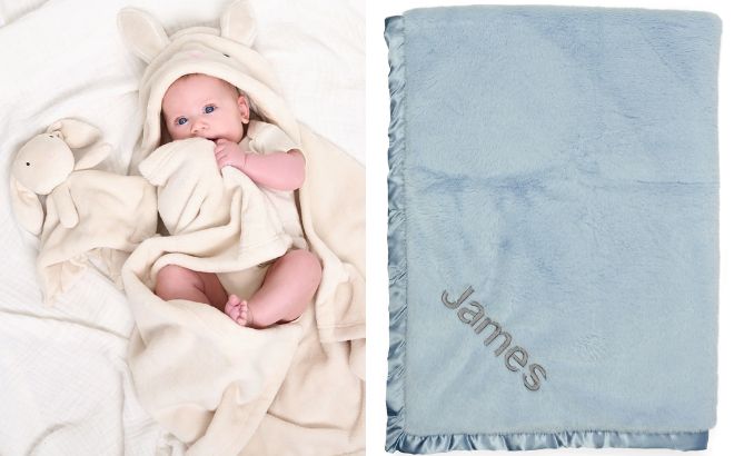 Gerber Embroidered 2 Piece Hooded Wearable Blanket Security Blanket Set and Embroidered Plush Blanket