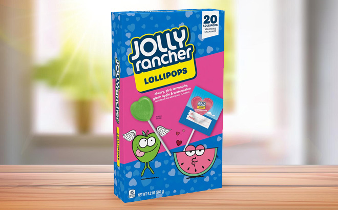 Jolly Rancher Valentines Lollipops Box 20 Pieces on the Table