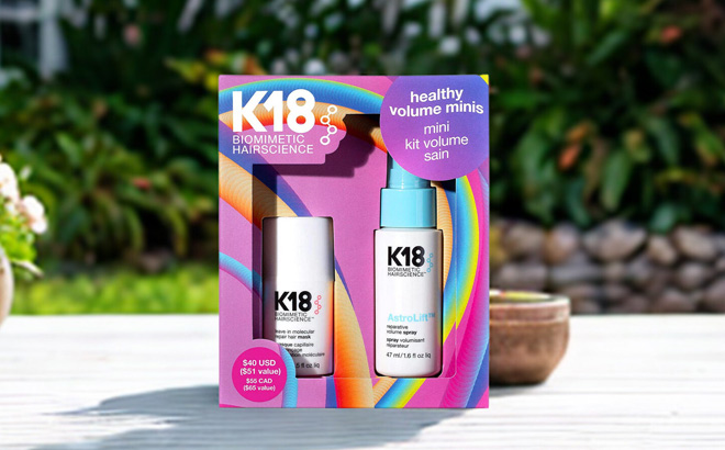 K18 Healthy Volume Minis Hair Gift Set on a Table