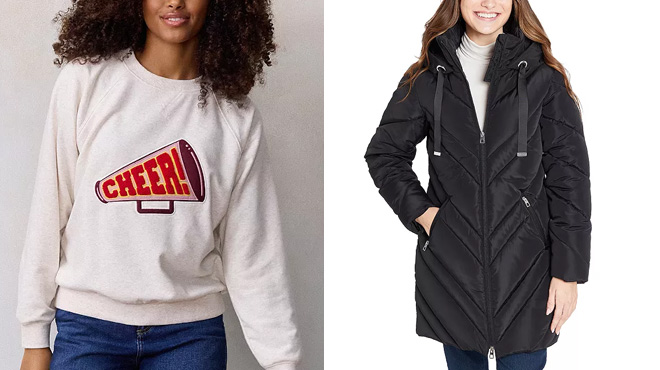 LC Lauren Conrad French Terry Crewneck Sweatshirt and Nine West Chevron Quilted Puffer Jacket LC Lauren Conrad French Terry Crewneck Sweatshirt and Nine West Chevron Quilted Puffer Jacket