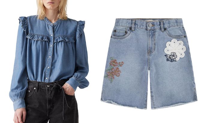 Levis Womens Gianna Long Sleeve Blouse and Girls Patch Skater Shorts