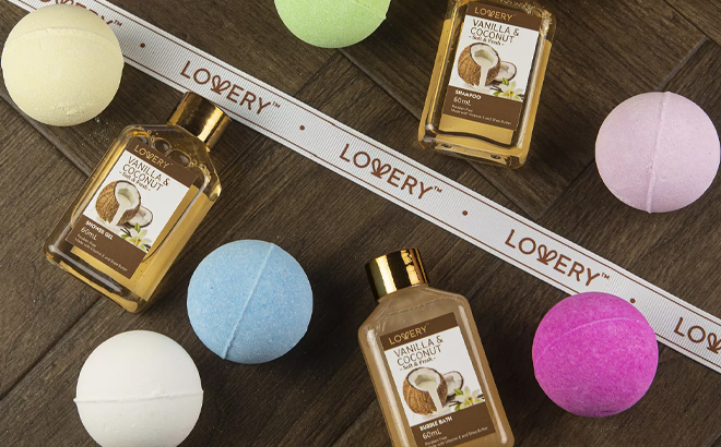 Lovery 12 Pc Vanilla Coconut Body Care Bath Bombs Gift Set on a Table Lovery 12 Pc Vanilla Coconut Body Care Bath Bombs Gift Set on a Table