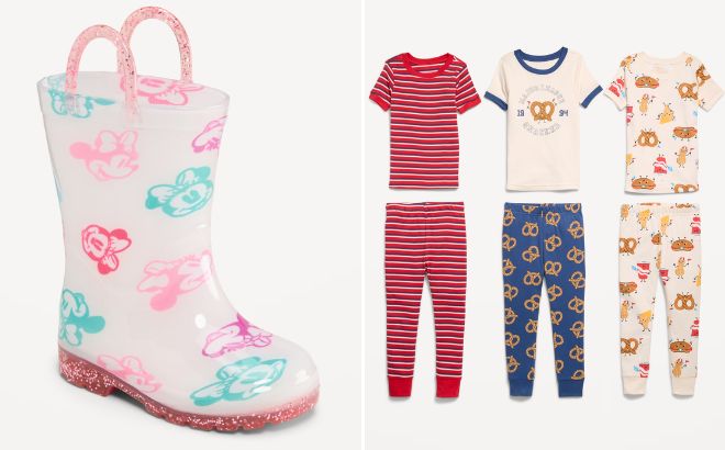 Old Navy Girls Disney Rain Boot and Snug Fit Graphic Pajama 6 Piece