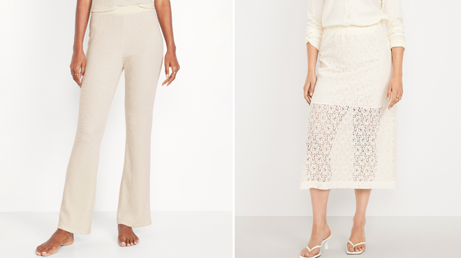 Old Navy High Waisted Cozy Waffle Flare Pants and Old Navy High Waisted Lace Midi Skirt Old Navy High Waisted Cozy Waffle Flare Pants and Old Navy High Waisted Lace Midi Skirt
