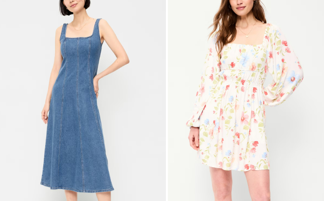 Old Navy Long Sleeve Crepe Mini Dress and Fit Flare Sleeveless Denim Midi Dress