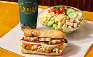 Potbelly Street Corn Chicken Sandwich Next to a Salad and a Drink