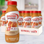 Premier Protein Shake 12 Pack in Caramel on a Kitchen Countertop