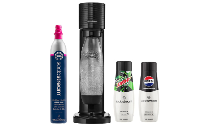 SodaStream Black Gaia Sparkling Water Maker Bundle with Pepsi Mtn Dew Mixes
