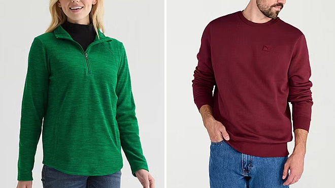 St Johns Bay Womens Zip Mock Neck Long Sleeve Polar Fleece Sweatshirt and PUMA Mens Crew Neck Long Sleeve Sweatshirt St Johns Bay Womens Zip Mock Neck Long Sleeve Polar Fleece Sweatshirt and PUMA Mens Crew Neck Long Sleeve Sweatshirt