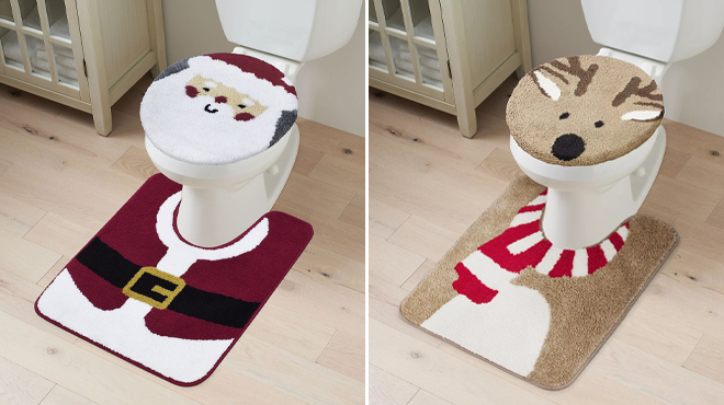 St Nicholas Square Santa Lid Contour Bath Rug Set and St Nicholas Square Reindeer Lid Contour Bath Rug Set
