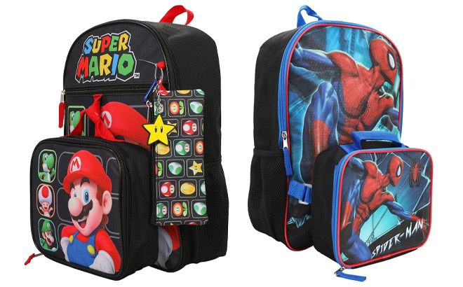 Super Mario Bros 5 Piece Backpack Set and Spider Man 2 Piece Backpack Set