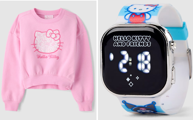 The Childrens Place Girls Hello Kitty Embroidered Premium Fleece Sweatshirt and Kids Hello Kitty And Friends Digital Watch The Childrens Place Girls Hello Kitty Embroidered Premium Fleece Sweatshirt and Kids Hello Kitty And Friends Digital Watch