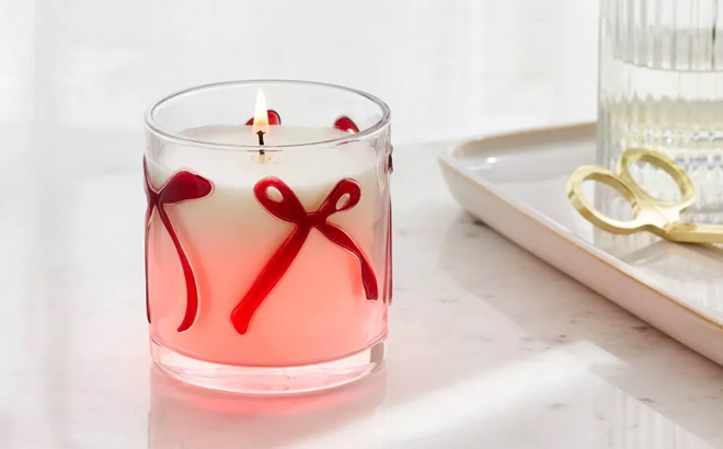 Threshold LED Embossed Bow Glass Color Changing Sugared Watermelon Jar Candle Threshold LED Embossed Bow Glass Color Changing Sugared Watermelon Jar Candle