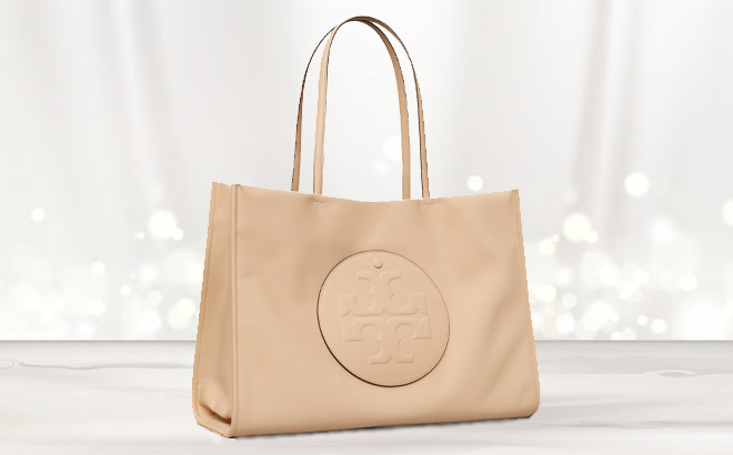 Tory Burch Ella Logo Recycled Nylon Tote Bag on the Table