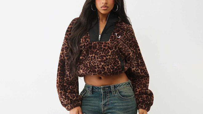 True Religion Leopard Half Zip Chenille Jacket