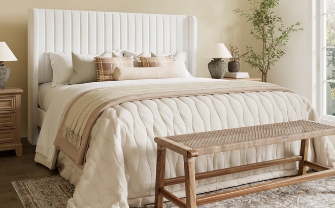 Velvet Upholstered Platform Bed with Wingback Headboard and Wooden Slats Velvet Upholstered Platform Bed with Wingback Headboard and Wooden Slats