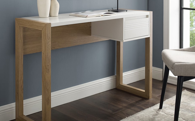 Walker Edison Modern Single Fluted Drawer English Oak Writing Desk in the Room