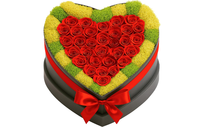 30 Preserved Roses in Heart Shaped Box
