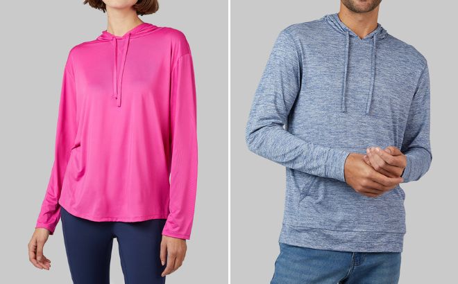 32 Degrees Womens Cool Long Sleeve Hooded T Shirt and Mens Cool Long Sleeve Hooded T Shirt