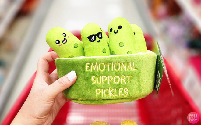 A Person Holding the What Do You Meme Emotional Support Pickles Stuffed Animal