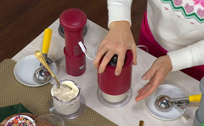 A Person Using Cuisinart FastFreeze Frozen Treat Maker with Pints A Person Using Cuisinart FastFreeze Frozen Treat Maker with Pints
