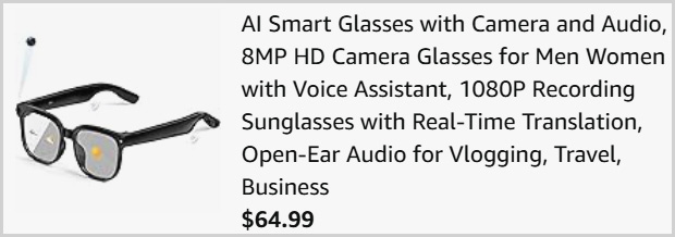 AI Smart Glasses with Camera and Audio at Checkout