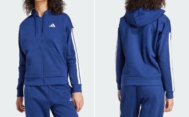 Adidas Womens Essentials 3 Stripes Full Zip Fleece Hoodie Adidas Womens Essentials 3 Stripes Full Zip Fleece Hoodie